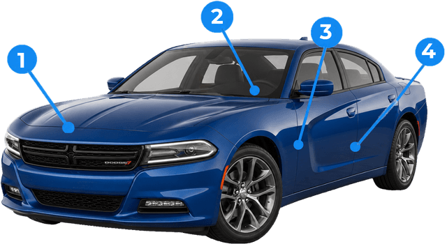 Diagram of a car showing the VIN location through the lower windshield on the driver side and on the driver-side door jamb.