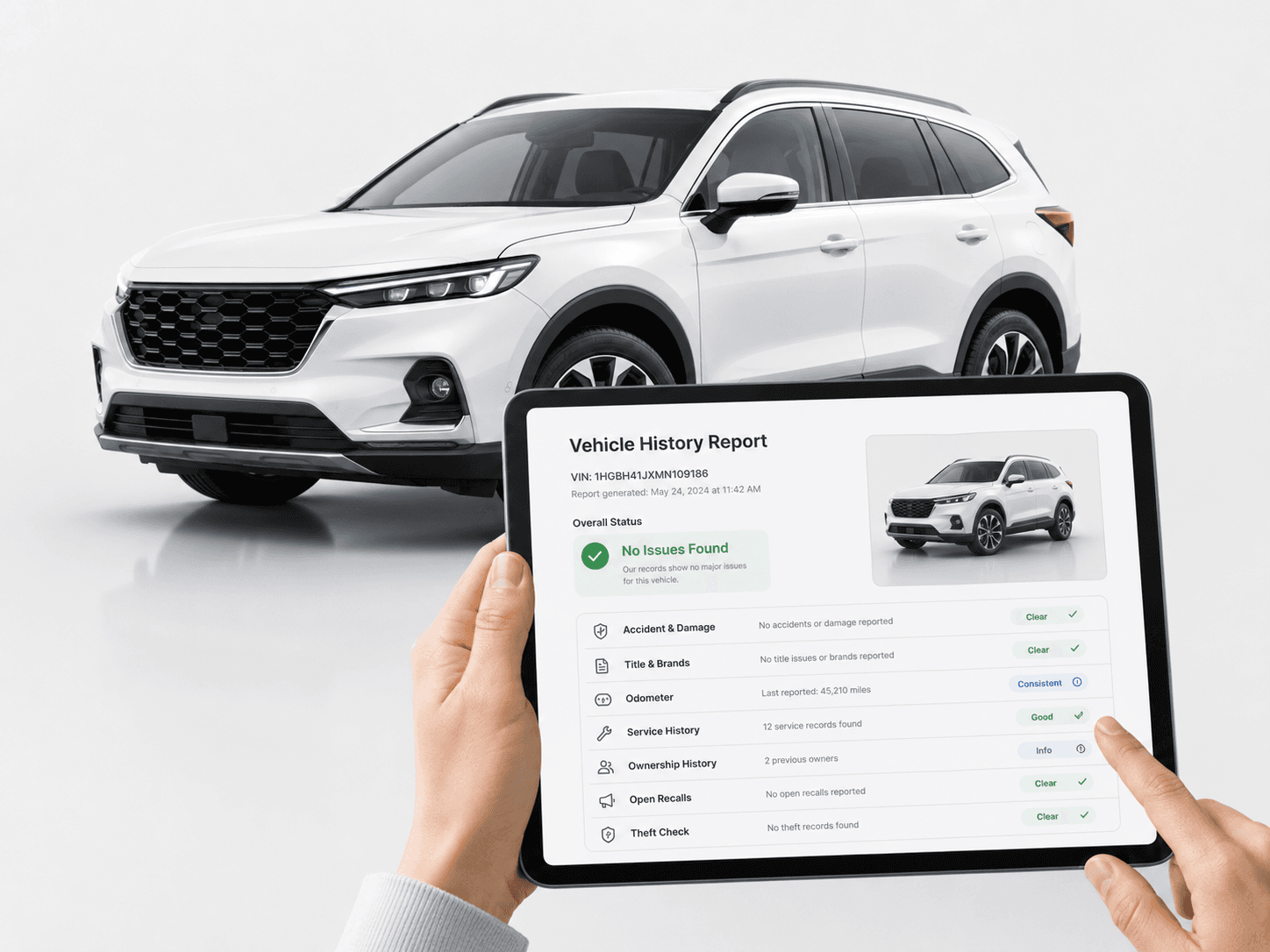 A vehicle history report shown on a tablet next to a white SUV, with each history category listed as a separate row to review.