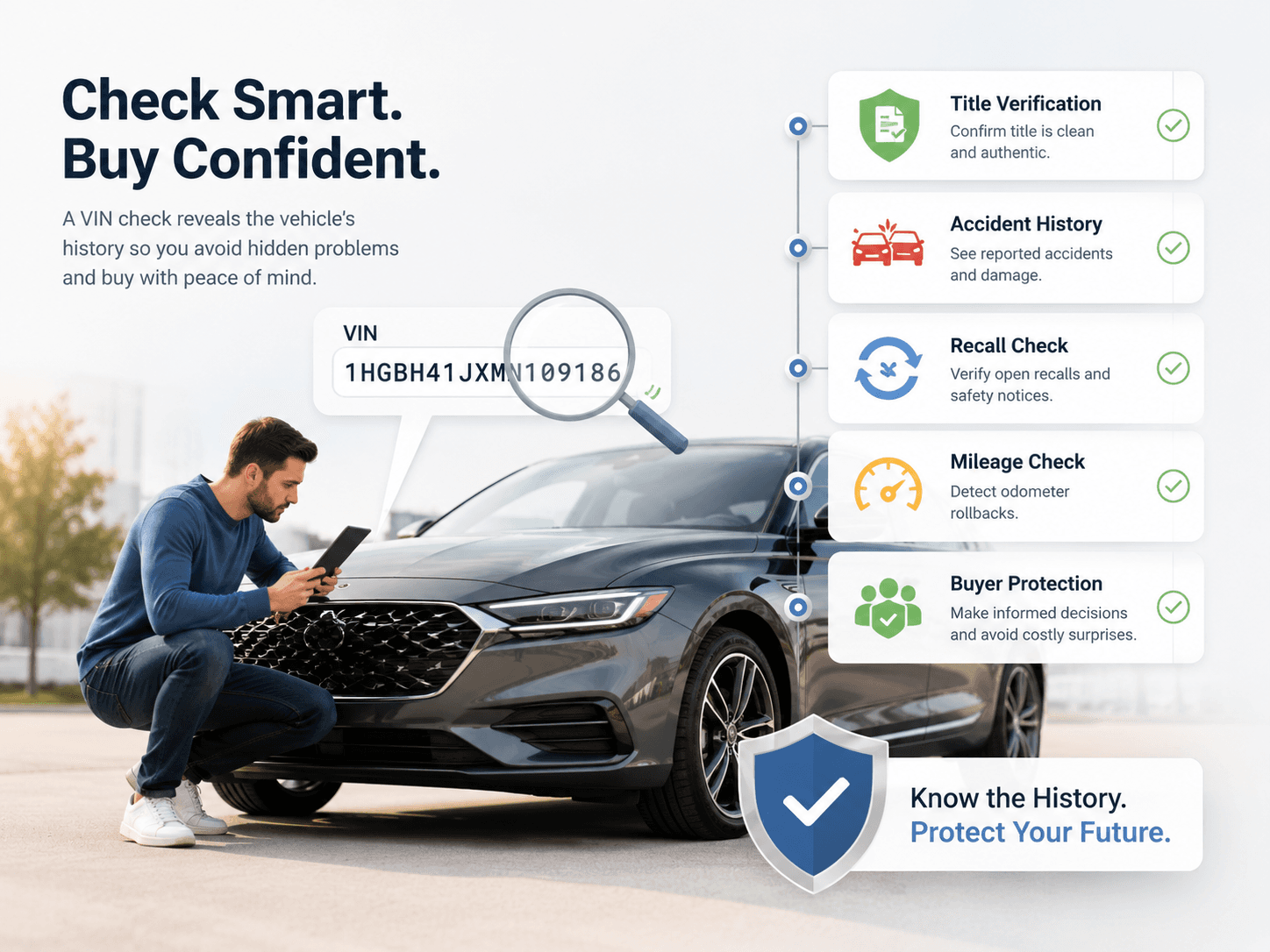 A used-car buyer crouched beside a car, checking its VIN against a checklist of history categories such as title, accident, recall and mileage information.